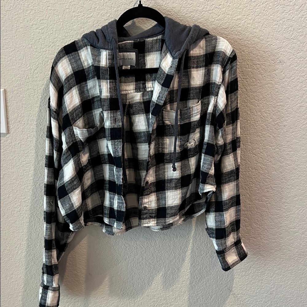 American Eagle Black and White Plaid Hoodie